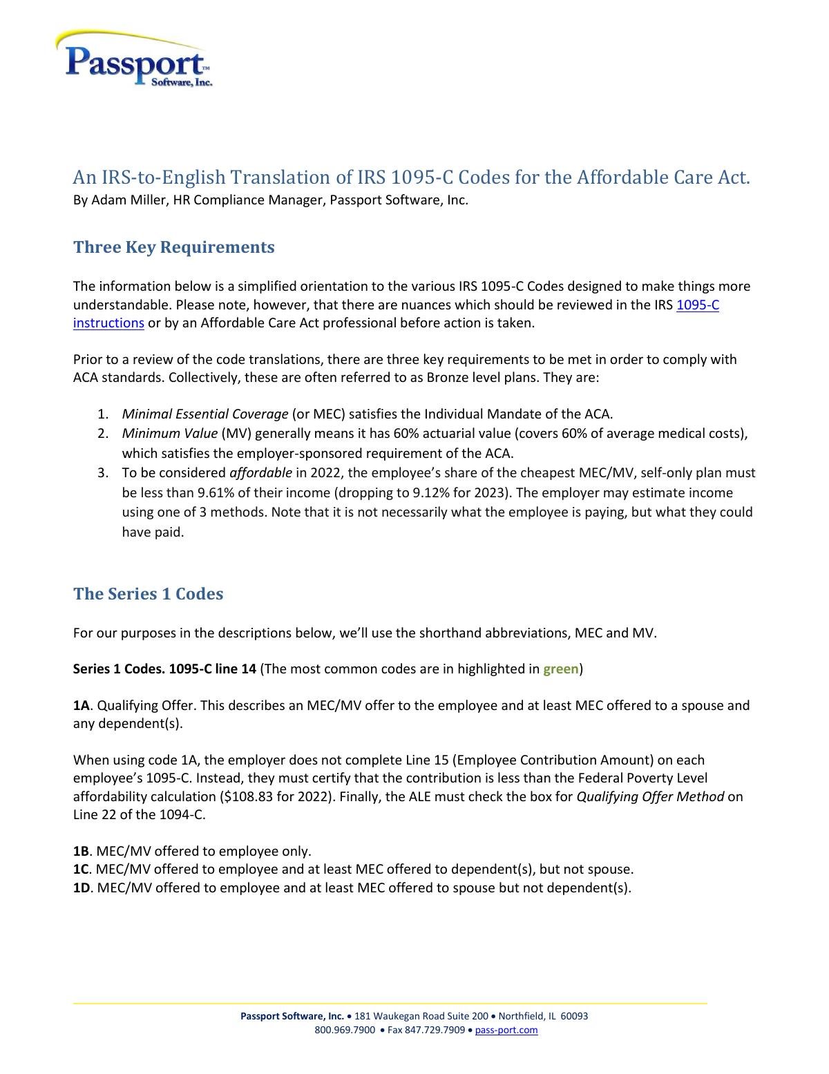 An IRS-to-English Translation of IRS 1095-C Codes for the Affordable Care Act. 