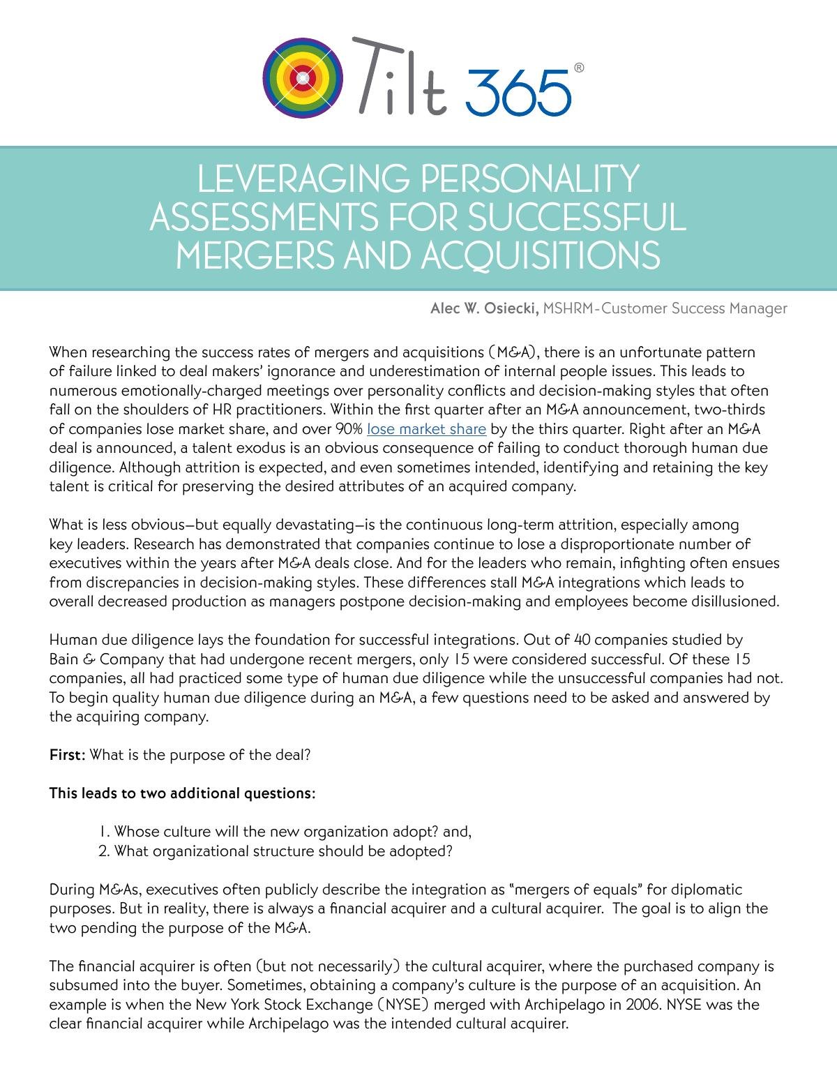 Leveraging Personality Assessments for Successful Mergers and Aquisitions