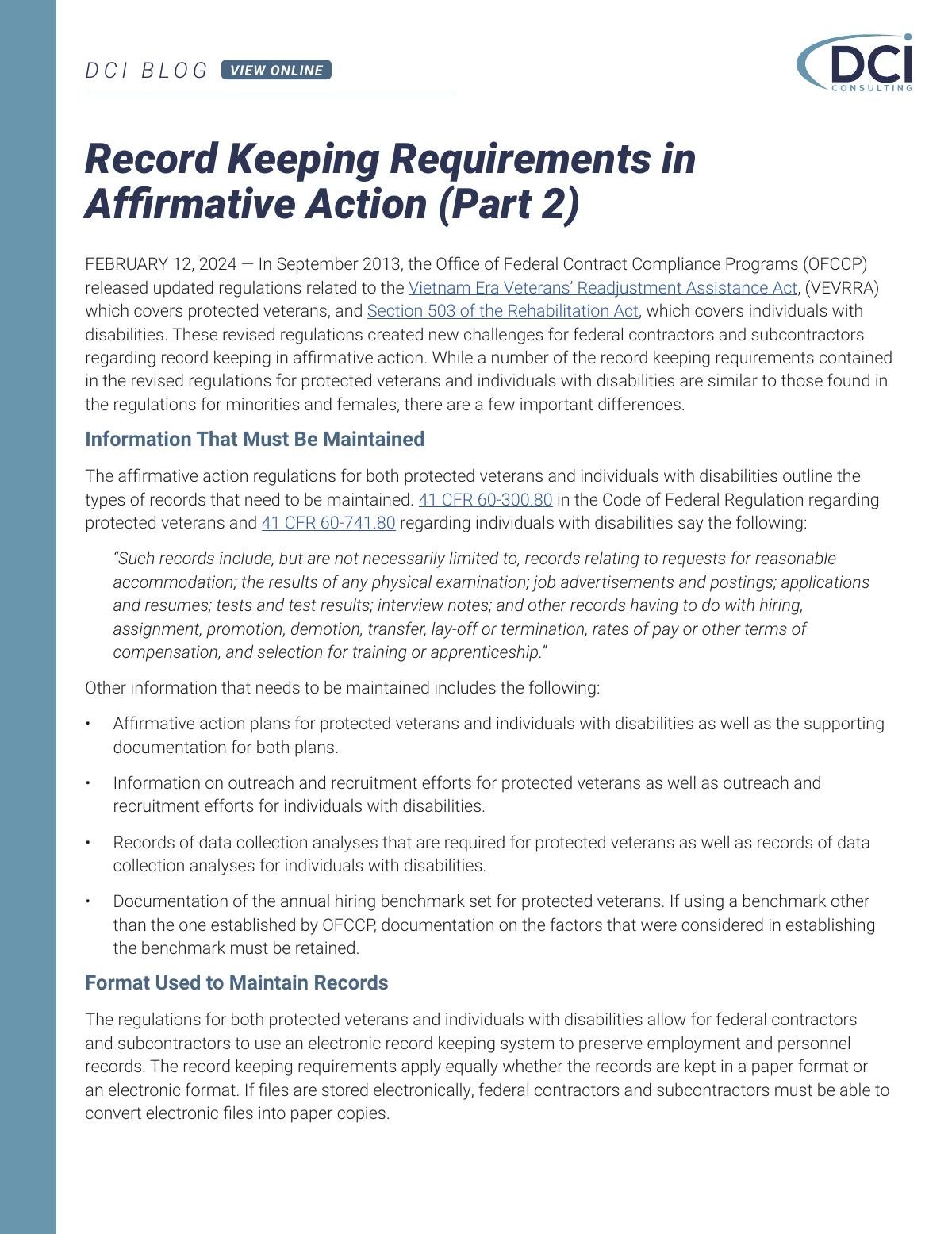Record Keeping Requirements in Affirmative Action (Part 2)