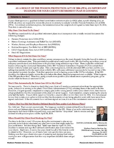 Important Plan Restatement Deadline as Per the Pension Protection Act
