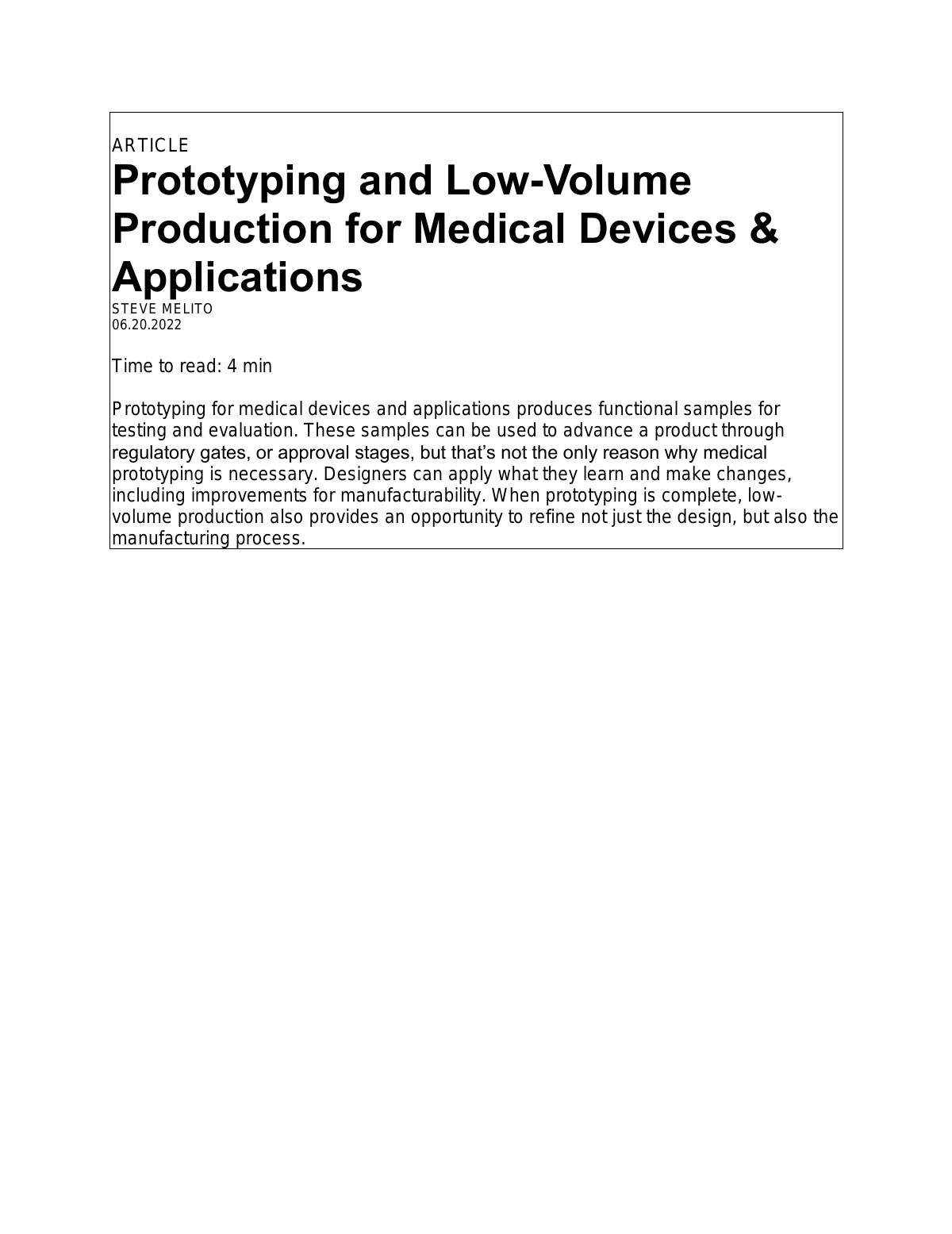 Prototyping and Low-Volume Production for Medical Devices & Applications