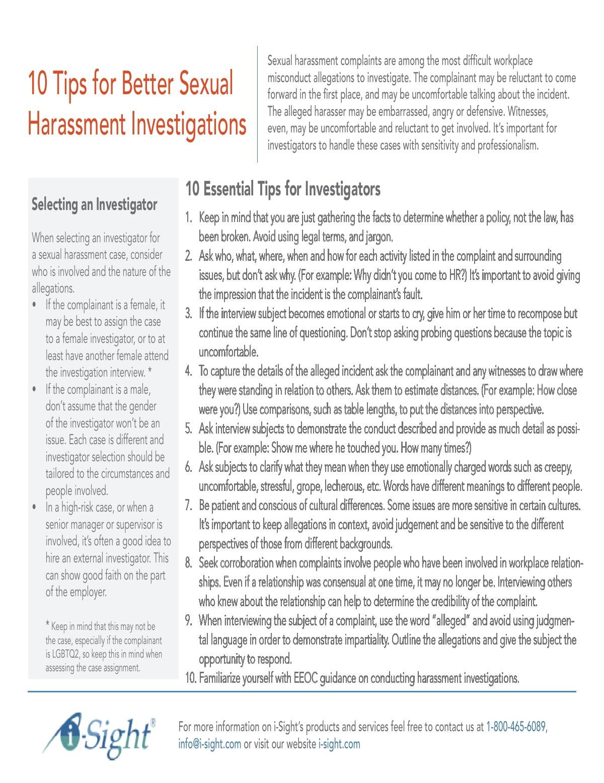 10 Tips for Better Sexual Harassment Investigations: A cheat sheet by i-Sight Software