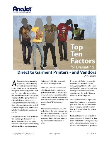 Top Ten Factors for Evaluating Direct to Garment Printers - and Vendors