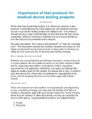 Importance of Test Protocol for Medical Device Testing Projects