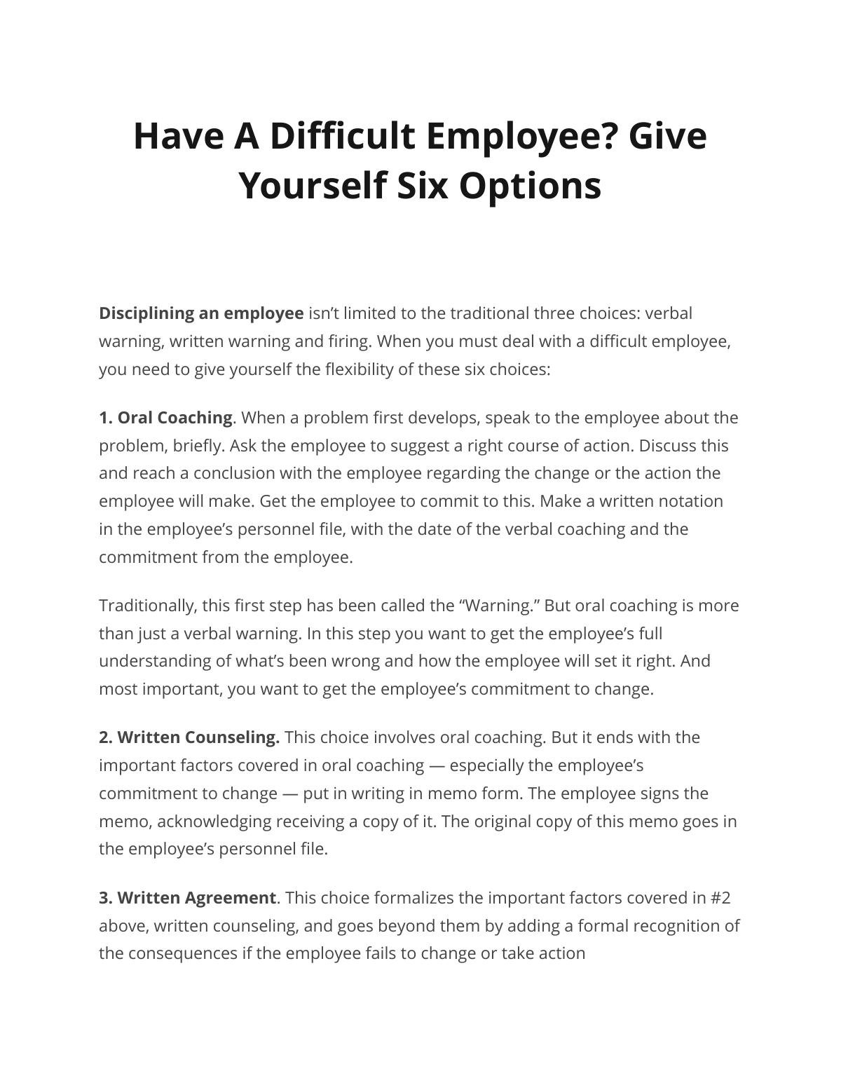 Have A Difficult Employee? Give Yourself Six Options 