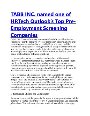 TABB INC. named one of HRTech Outlook’s Top Pre-Employment Screening Companies