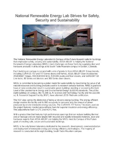 National Renewable Energy Lab Strives for Safety, Security and Sustainability
