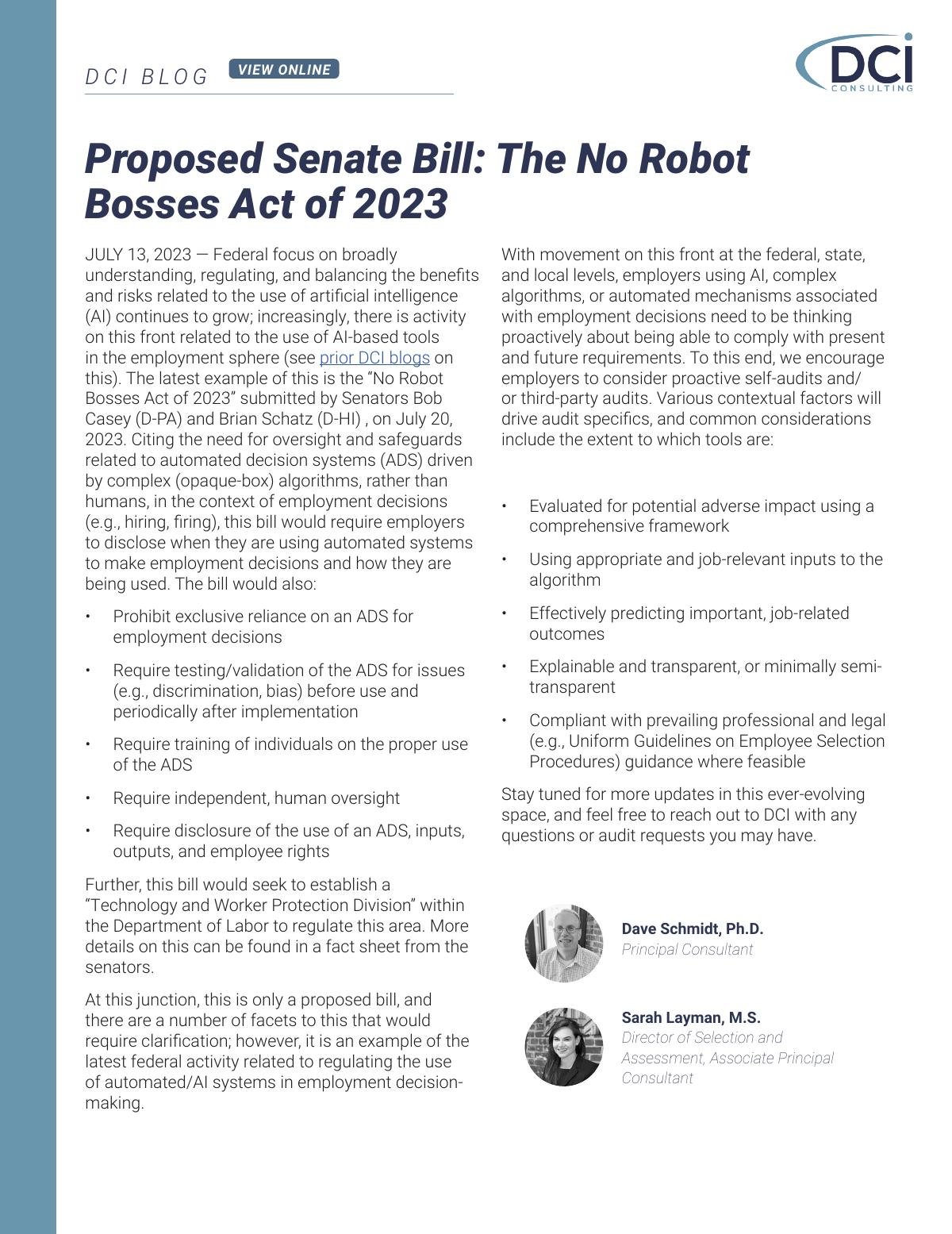 Proposed Senate Bill: The No Robot Bosses Act of 2023