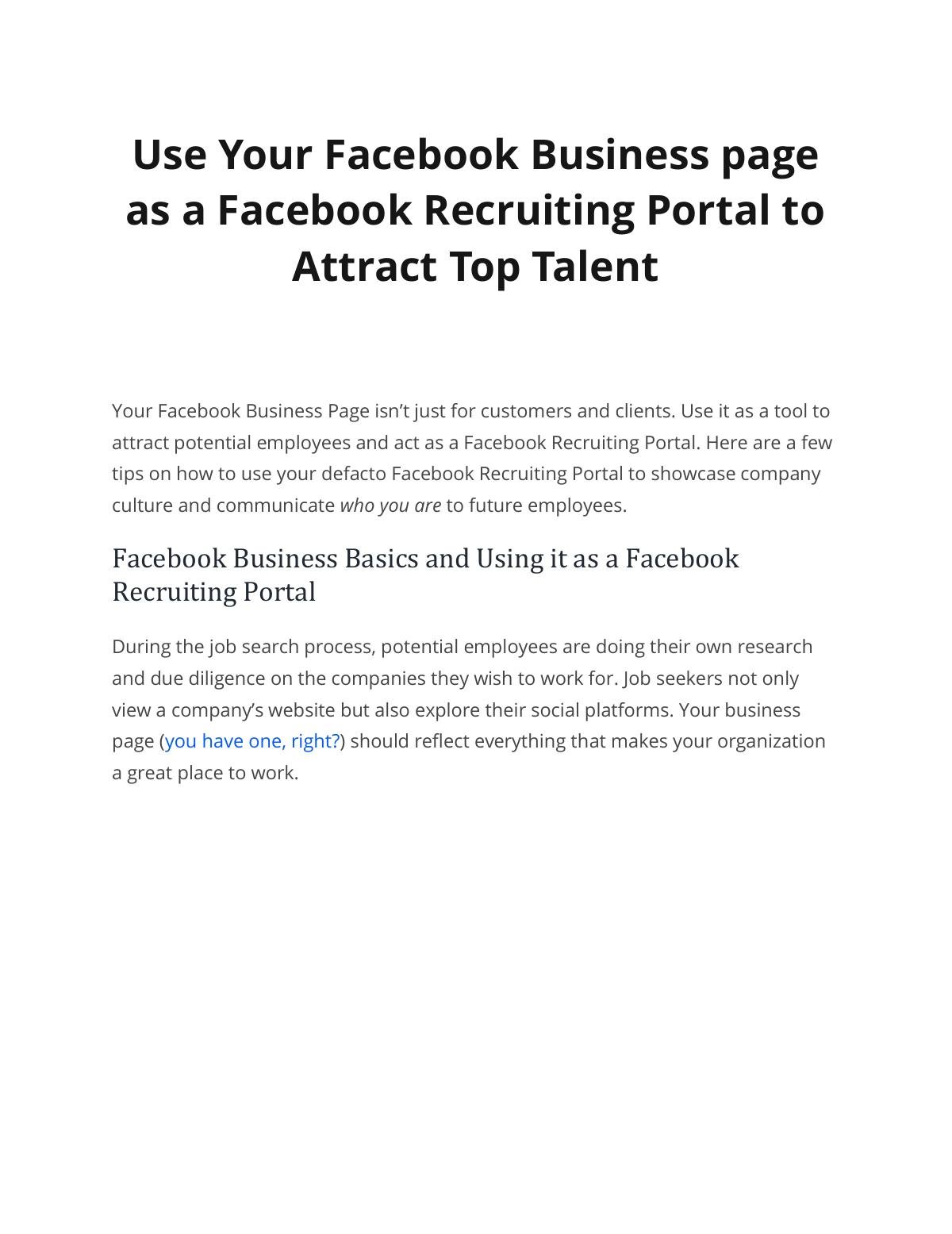 Use Your Facebook Business page as a Facebook Recruiting Portal to Attract Top Talent 