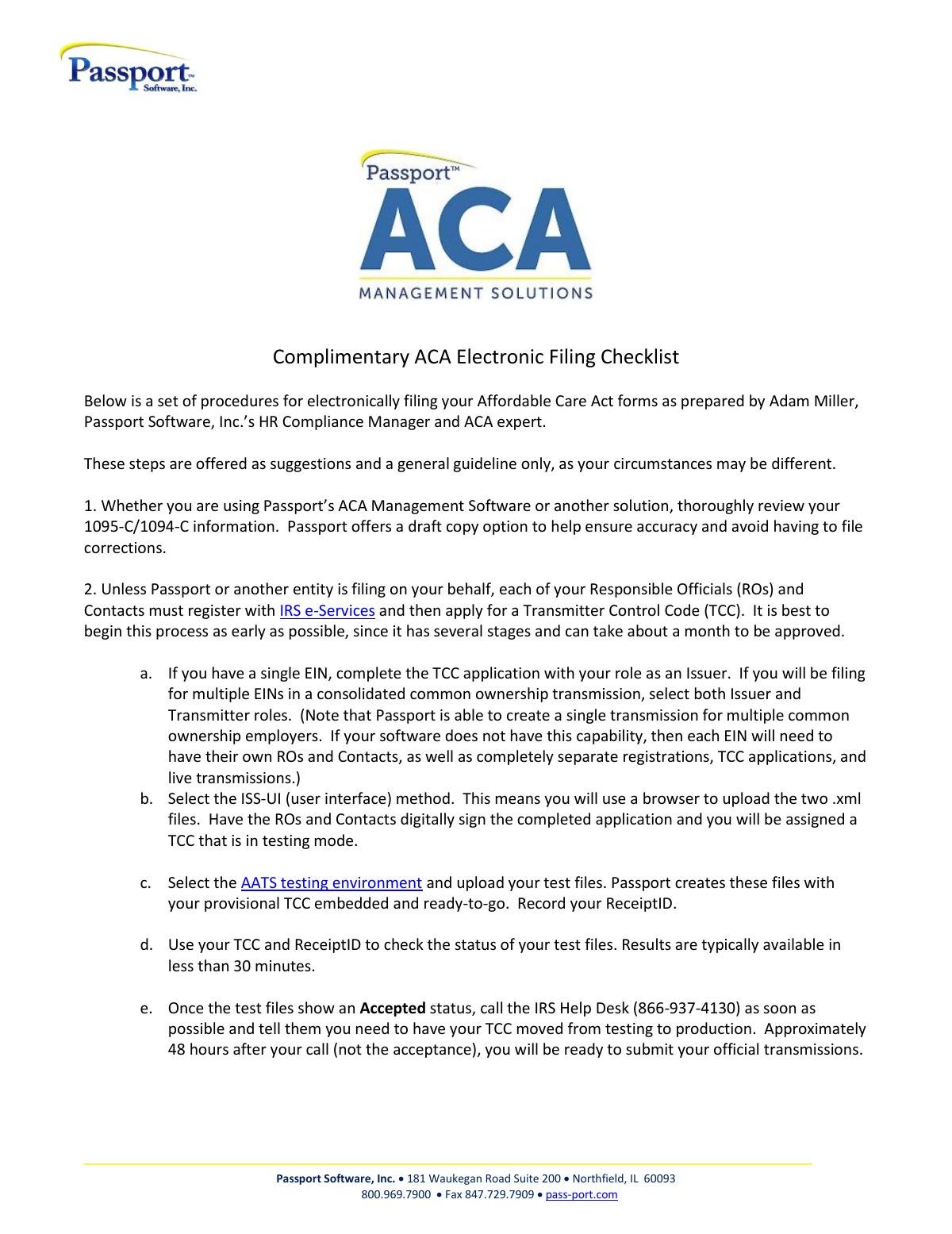 Complimentary ACA Electronic Filing Checklist