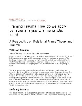 Framing Trauma: How do we apply behavior analysis to a mentalistic term? A Perspective on Relational Frame Theory and Trauma
