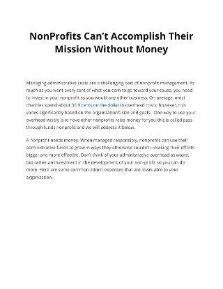 NonProfits Can’t Accomplish Their Mission Without Money 