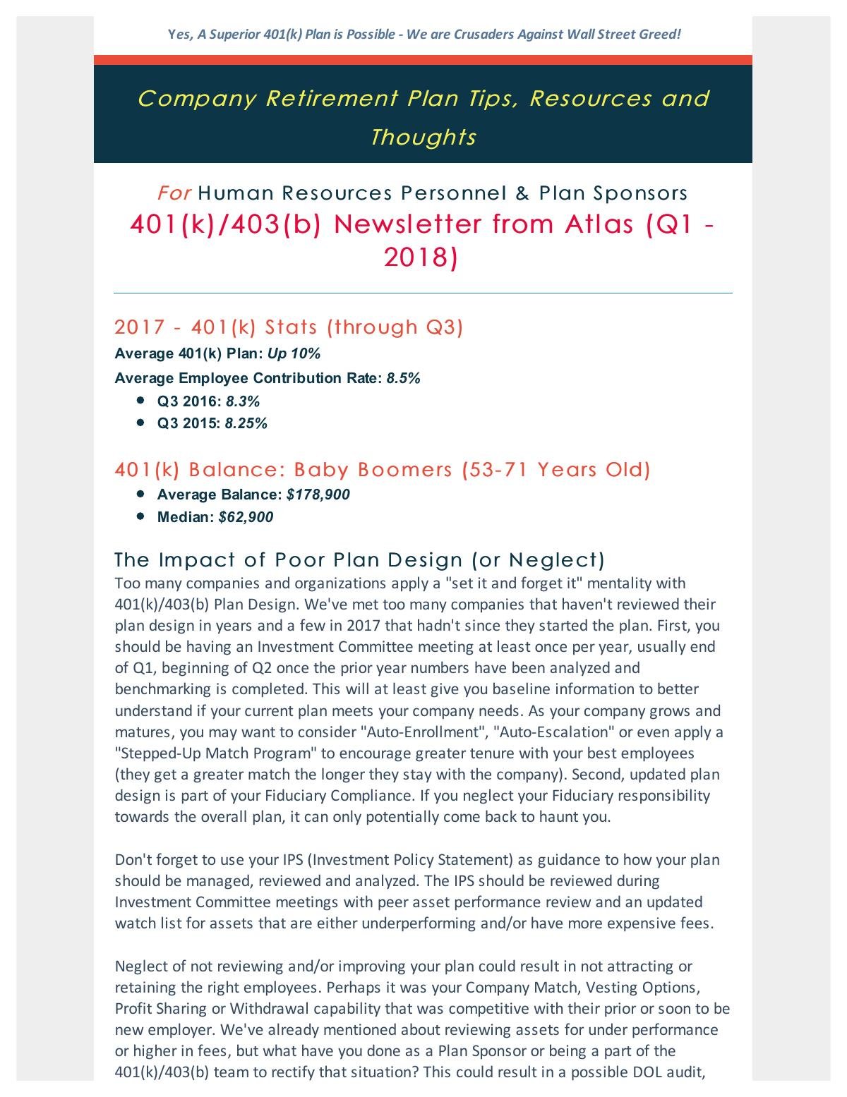 401(k) Q1 2018 – Newsletter (Tips, Resources and Commentary)
