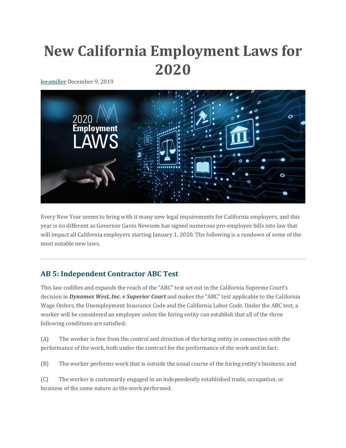 New California Employment Laws for 2020