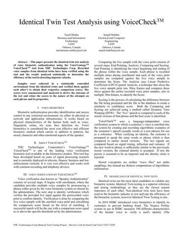 Identical Twin Test Analysis using VoiceCheckTM