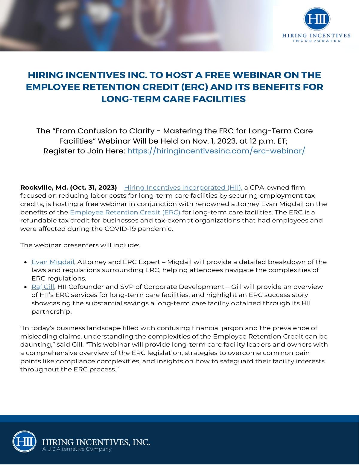 Hiring Incentives Inc. to Host a Free Webinar on the Employee Retention Credit (ERC) and Its Benefits for Long-Term Care Facilities