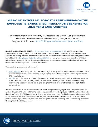 Hiring Incentives Inc. to Host a Free Webinar on the Employee Retention Credit (ERC) and Its Benefits for Long-Term Care Facilities
