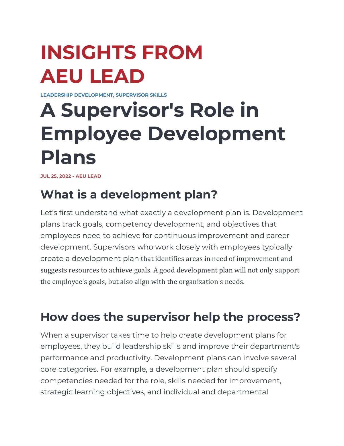 A Supervisor's Role in Employee Development Plans