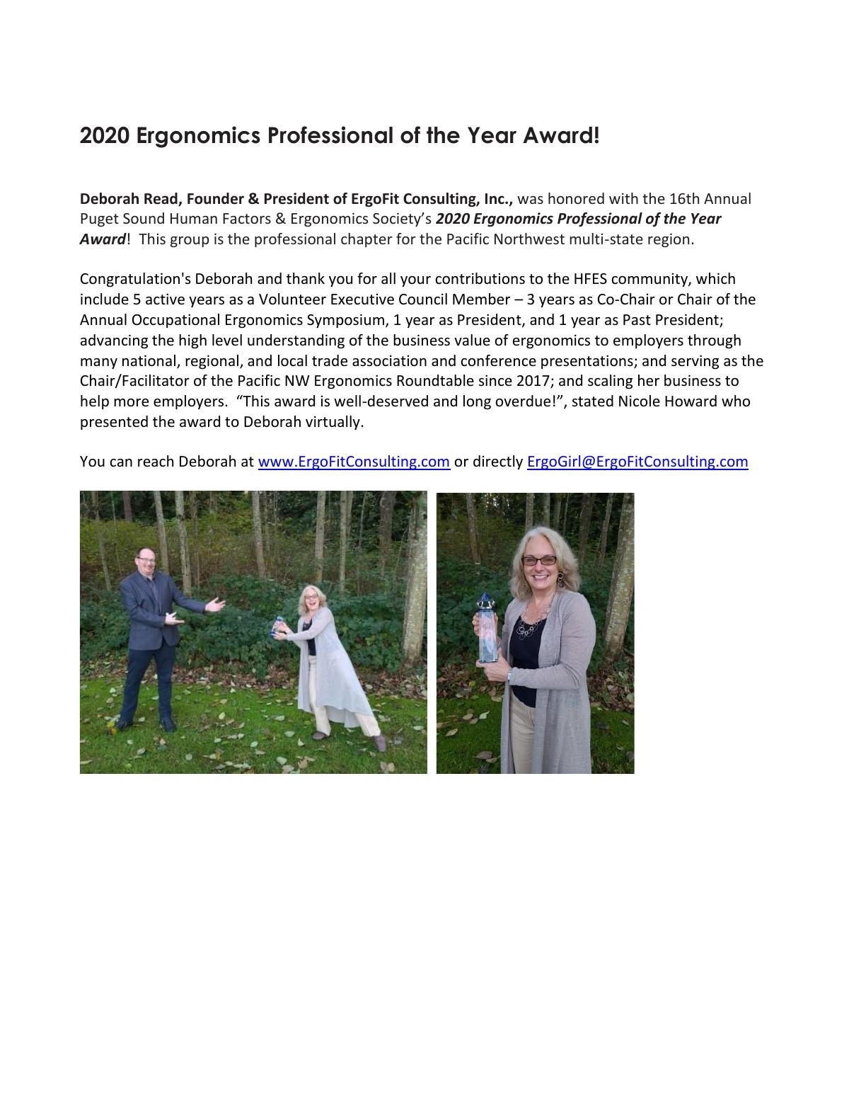 Deborah Read receives 2020 Ergonomics Professional of the Year Award