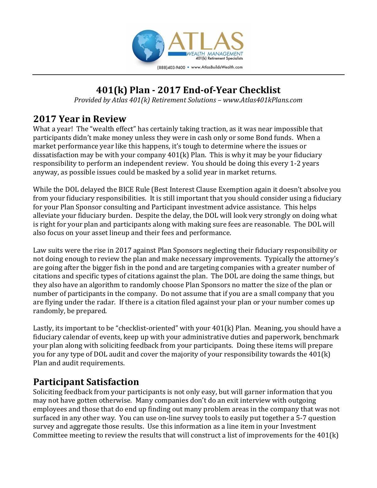 401(k) Plan - 2017 End-of-Year Checklist
