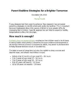 Parent Bedtime Strategies for a Brighter Tomorrow