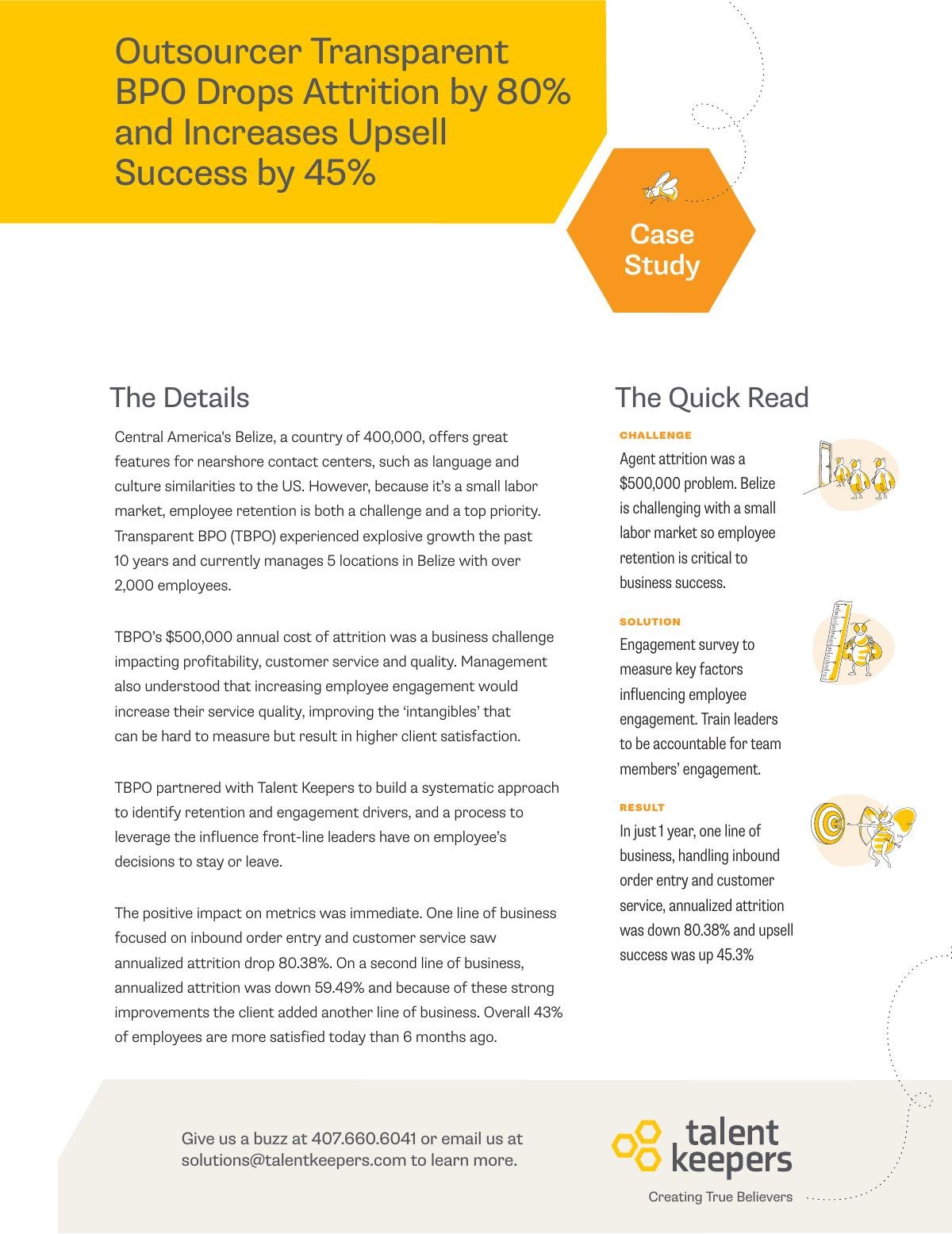 Outsourcer Transparent BPO Drops Attrition by 80% and Increases Upsell Success by 45%