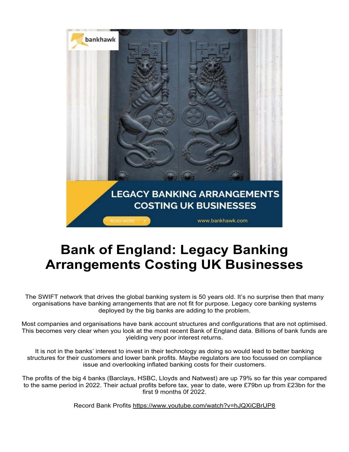 Bank of England: Legacy Banking Arrangements Costing UK Businesses 