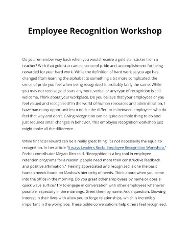 Employee Recognition Workshop 