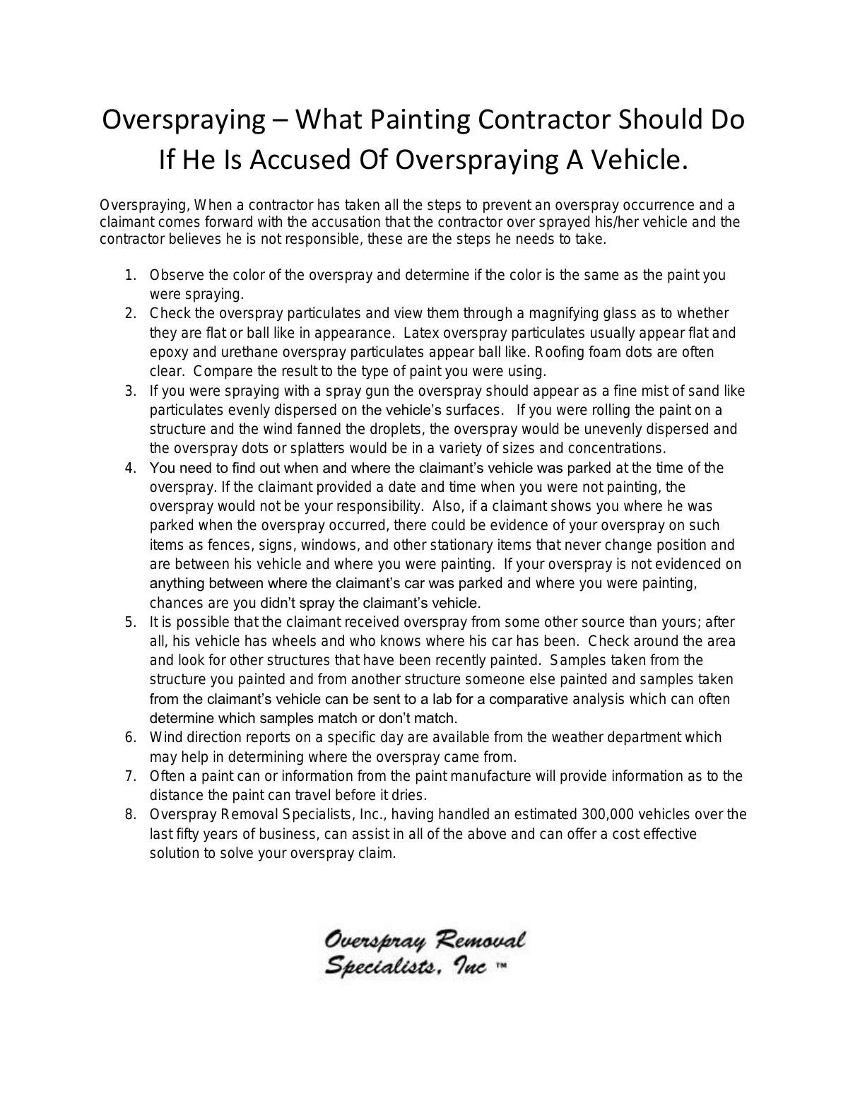 Overspraying – What Painting Contractor Should Do If He Is Accused Of Overspraying A Vehicle.