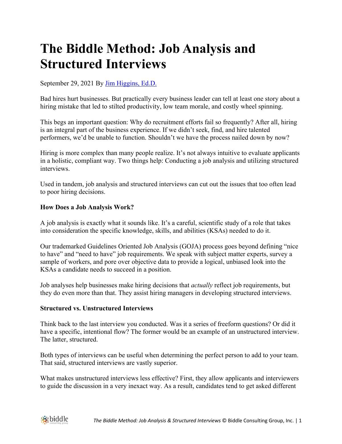 Methodology: Job Analysis and Structured Interviews