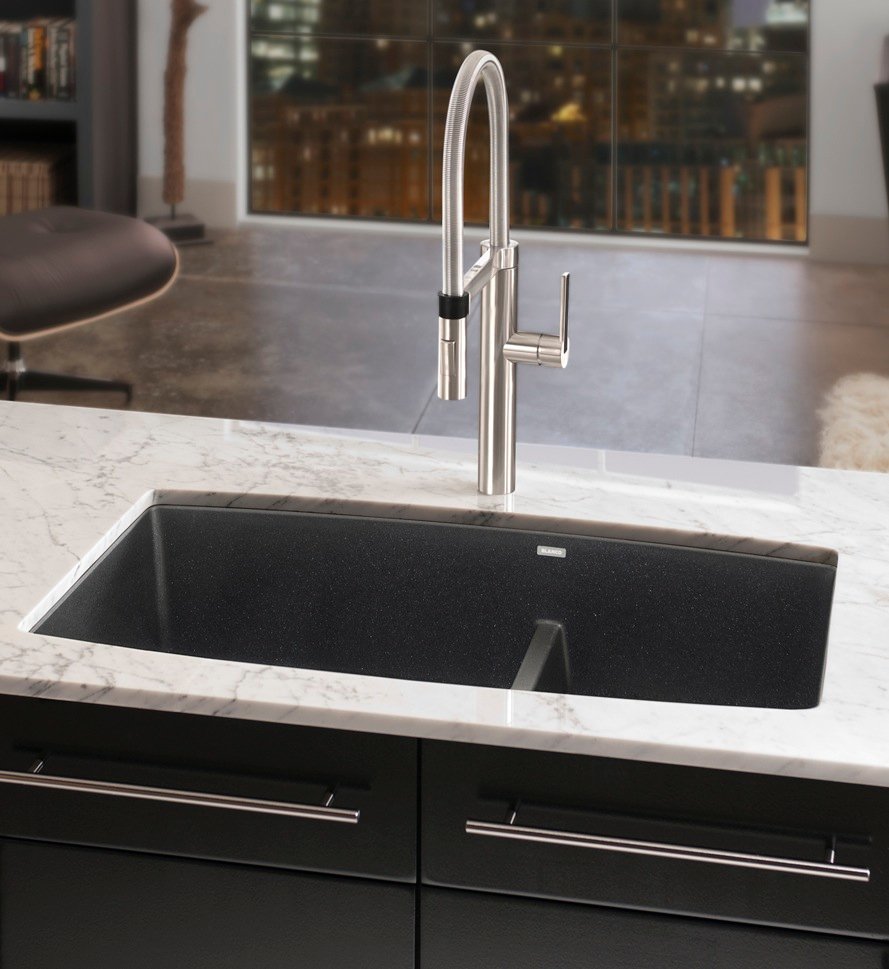 BLANCO CULINA™ Semi-Pro Kitchen Faucet shown with BLANCO PERFORMA Medium 1-3/4 bowl in anthracite