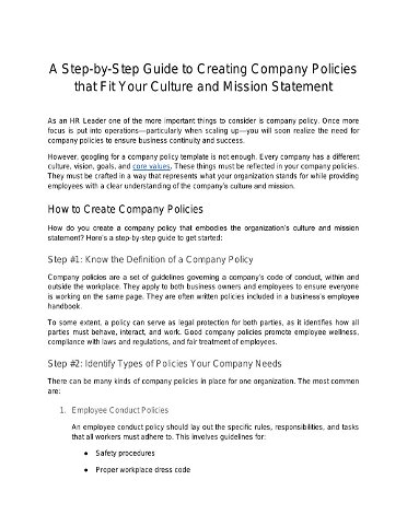 A Step-by-Step Guide to Creating Company Policies that Fit Your Culture and Mission Statement 