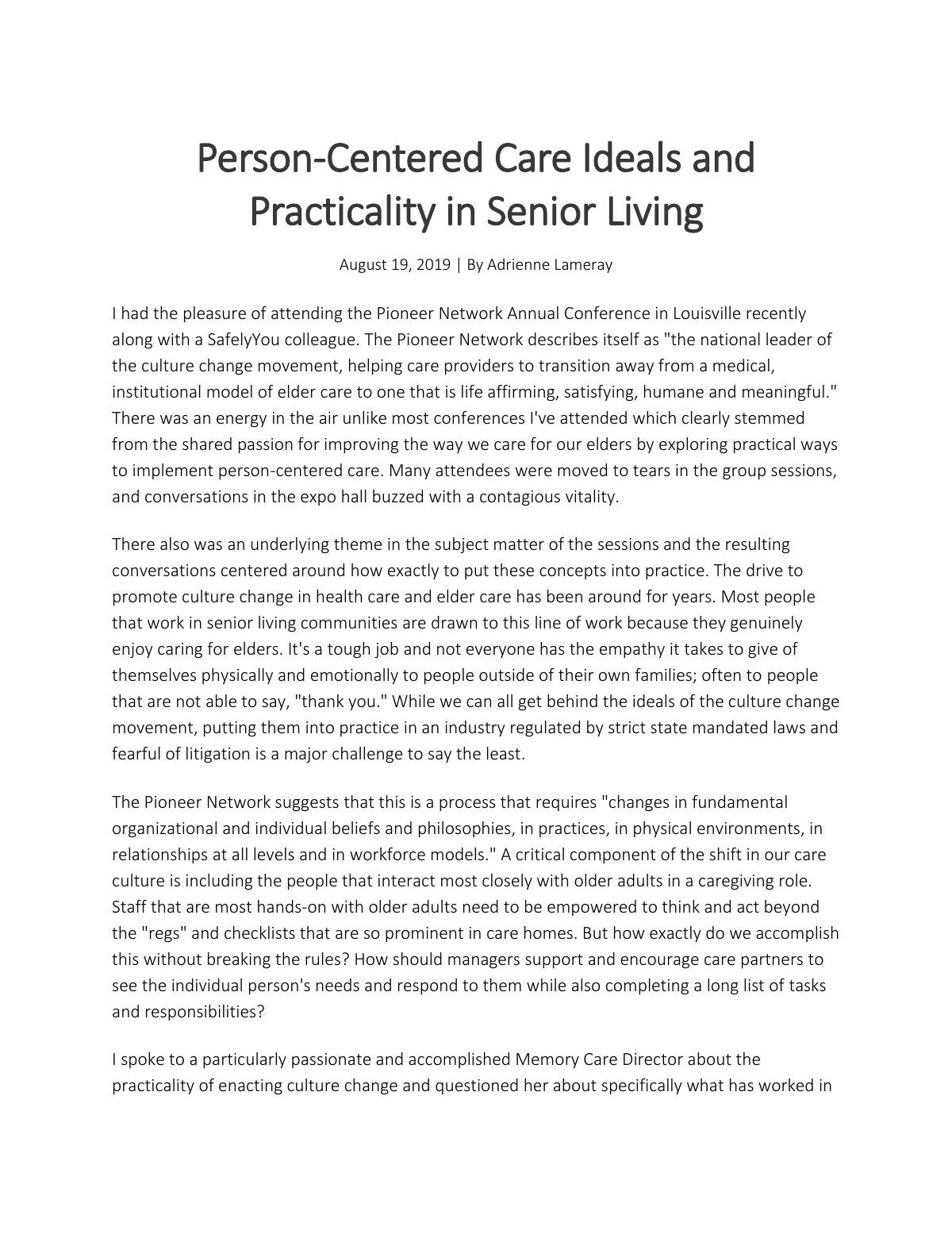 Person-Centered Care Ideals and Practicality in Senior Living
