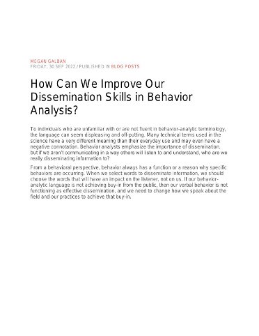 How Can We Improve Our Dissemination Skills in Behavior Analysis?