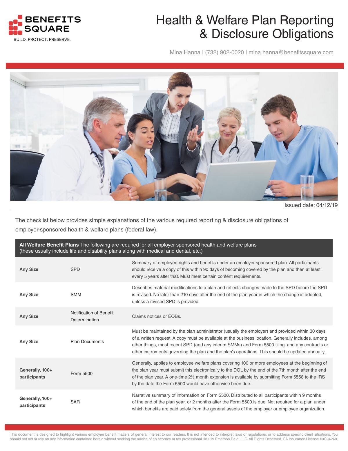 Health & Welfare Plan Reporting & Disclosure Obligations