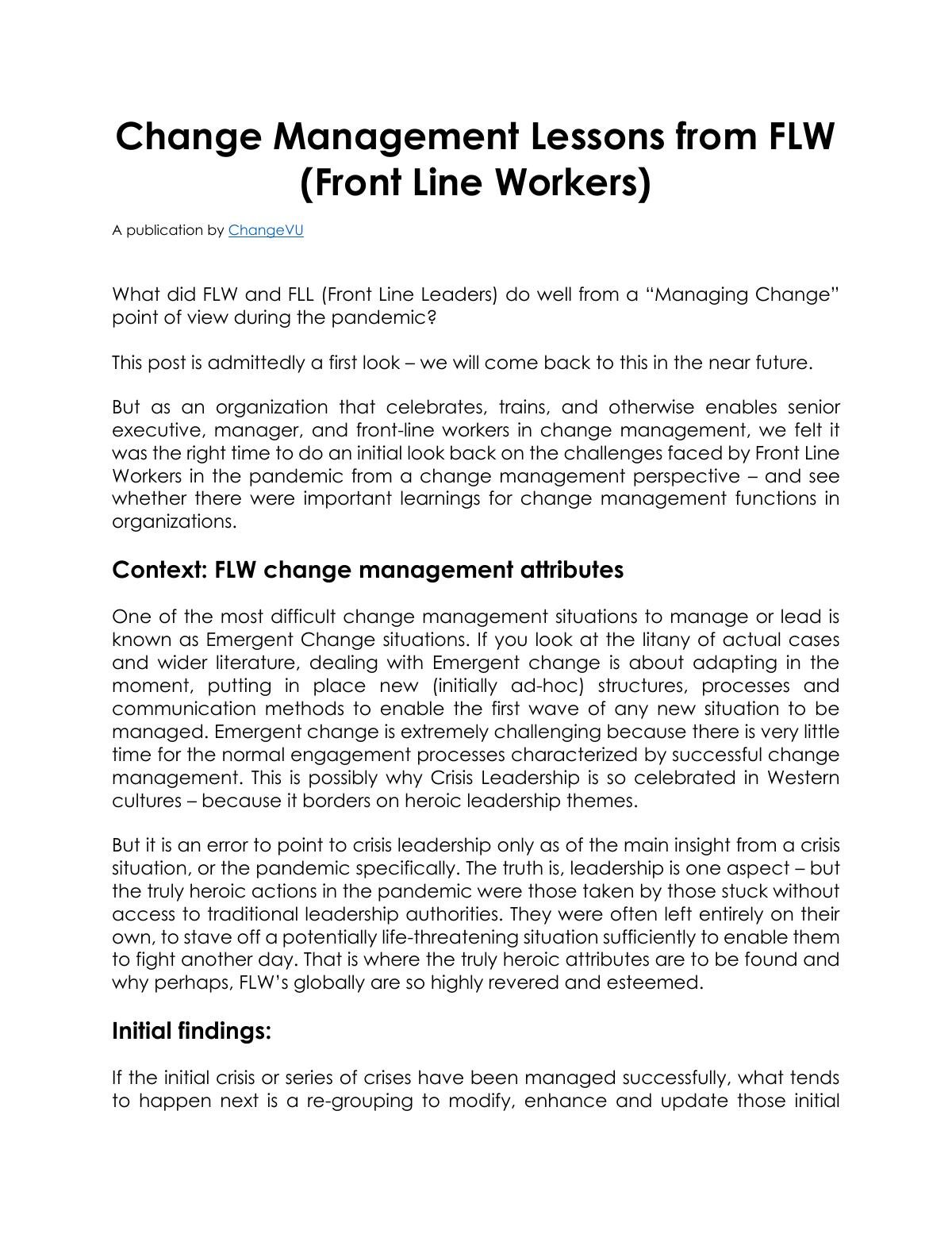 Change Management Lessons from FLW (Front Line Workers)