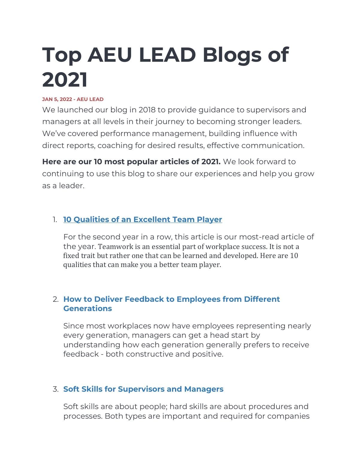 Top AEU LEAD Blogs of 2021