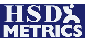 HSD Metrics Logo Dark Blue Background with White Text and Metrics Man Icon with HSD Metrics Written 