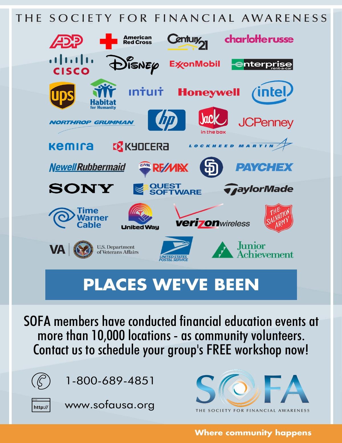 A list of organizations that have benefited from free SOFA workshops