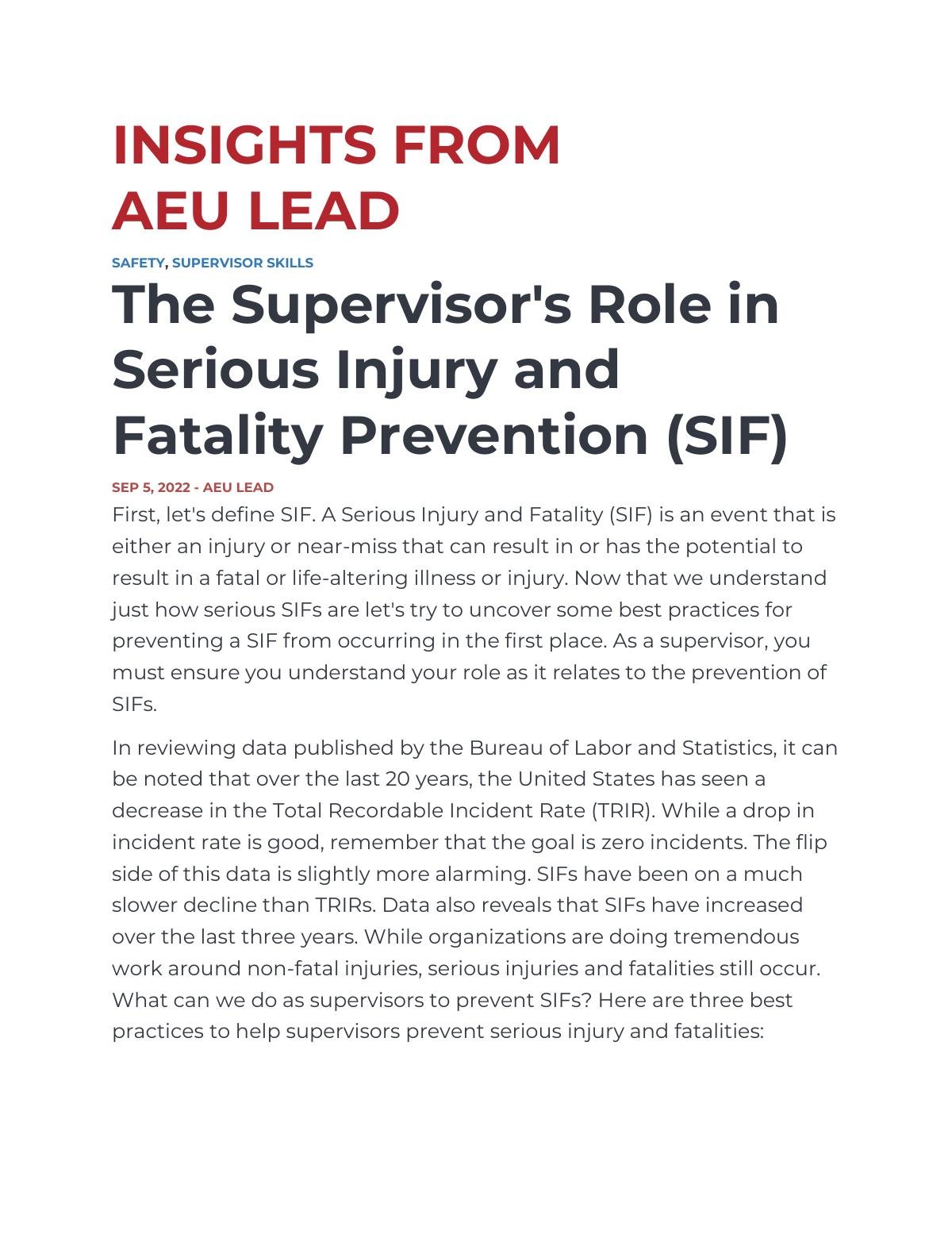 The Supervisor's Role in Serious Injury and Fatality Prevention (SIF)