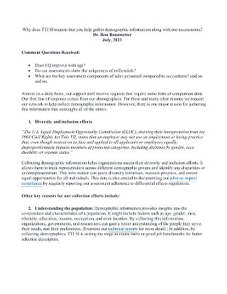 Why Does TTI SI request that you help gather demographic information along with our assessments?