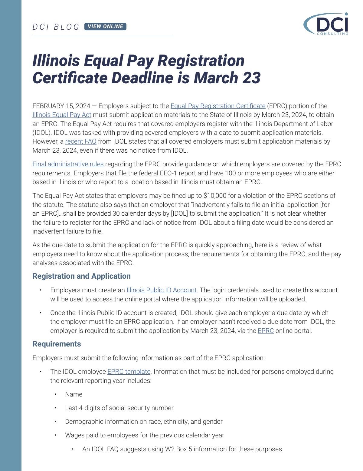 Illinois Equal Pay Registration Certificate; Deadline is March 23