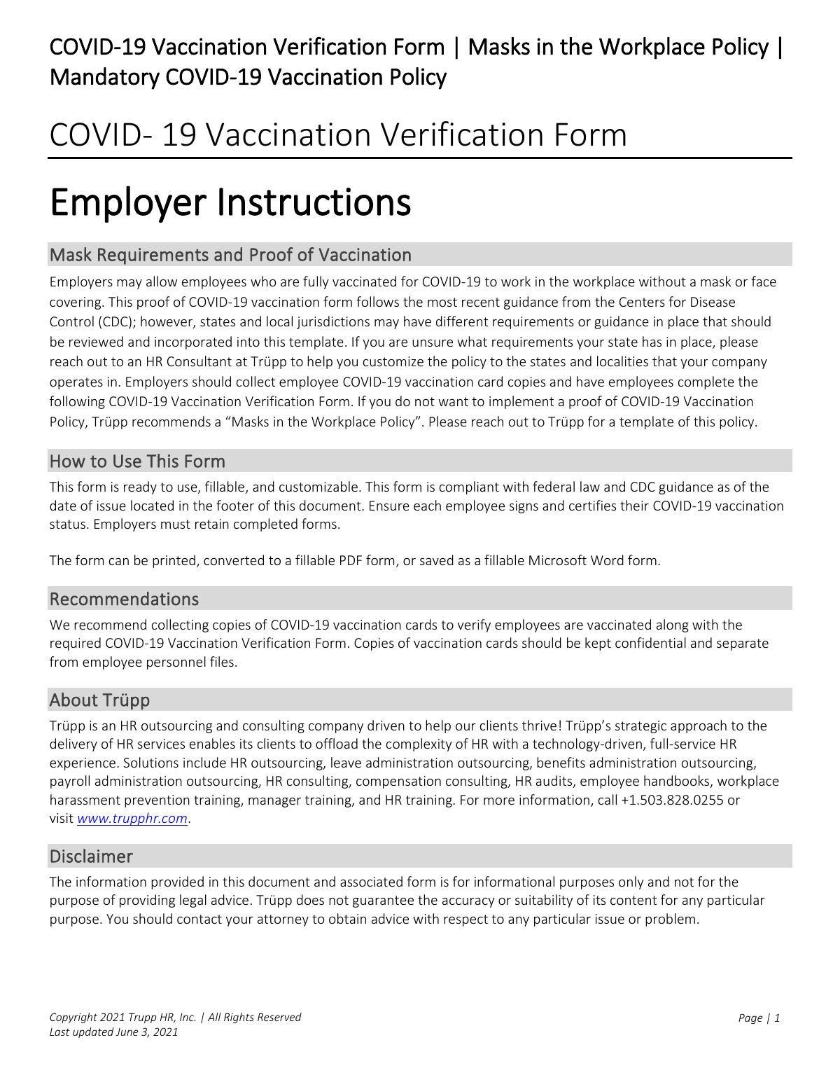 Download Free COVID-19 Vaccination Verification Form | Mask and Mandatory Vaccination Policy