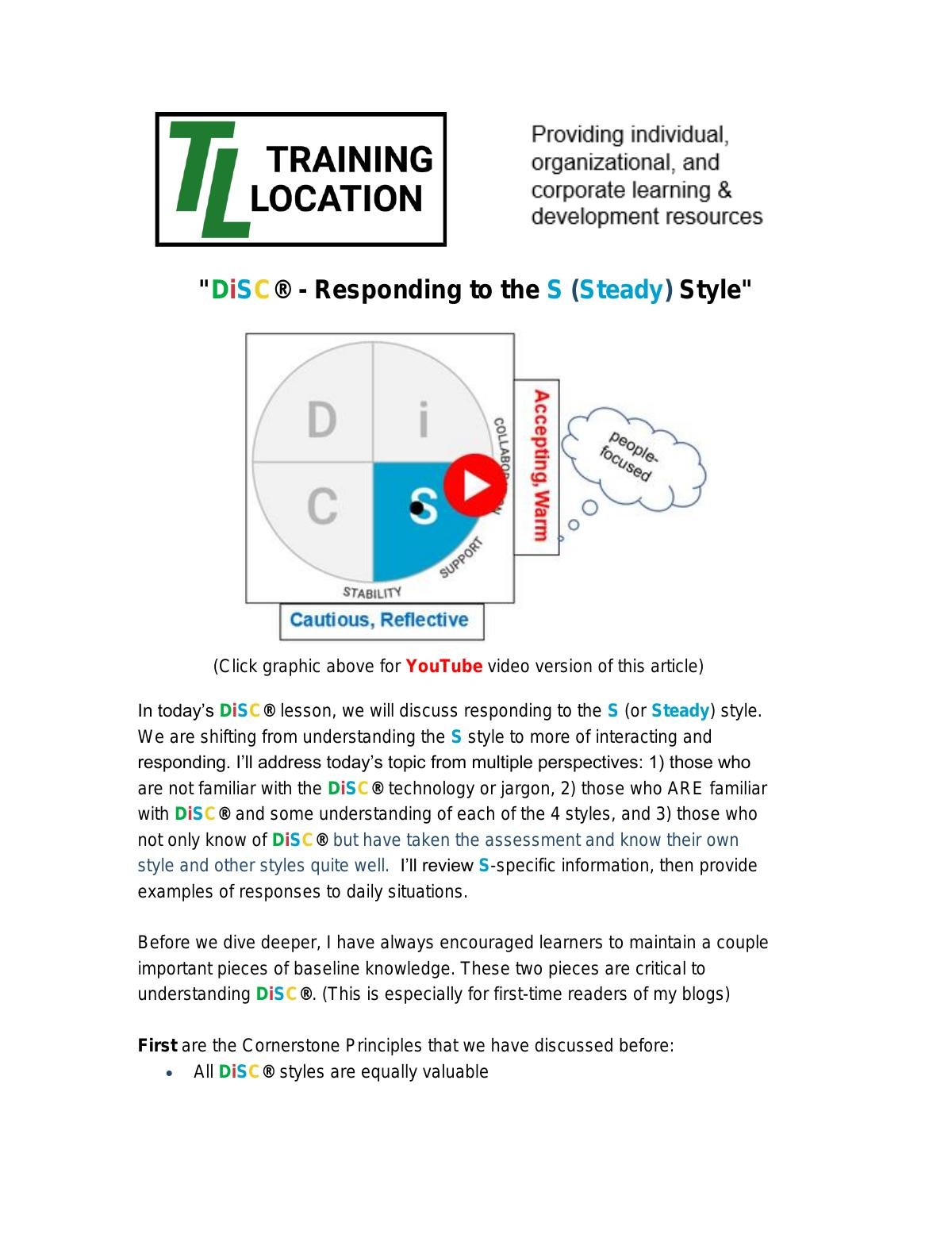 "DiSC® - Responding to the S (Steady) Style"