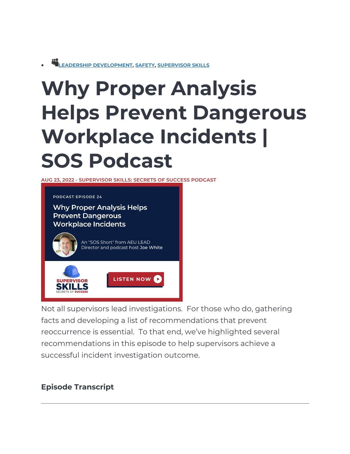 Why Proper Analysis Helps Prevent Dangerous Workplace Incidents | SOS Podcast