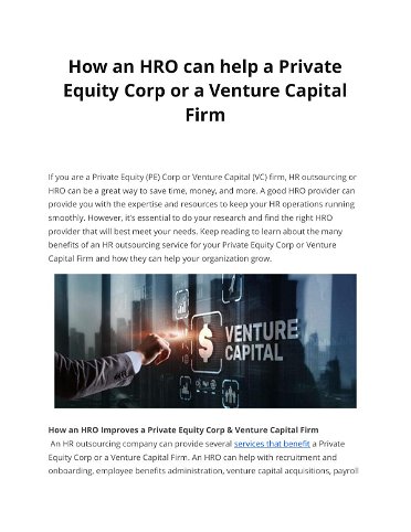 How an HRO can help a Private  Equity Corp or a Venture Capital  Firm