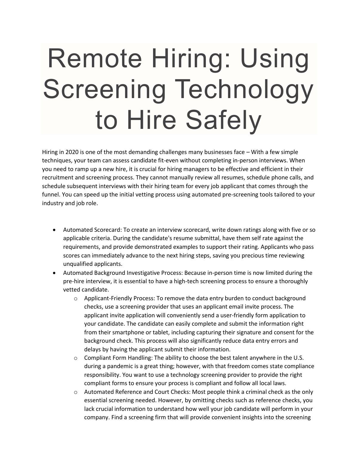 Remote Hiring: Using Screening Technology to Hire Safely