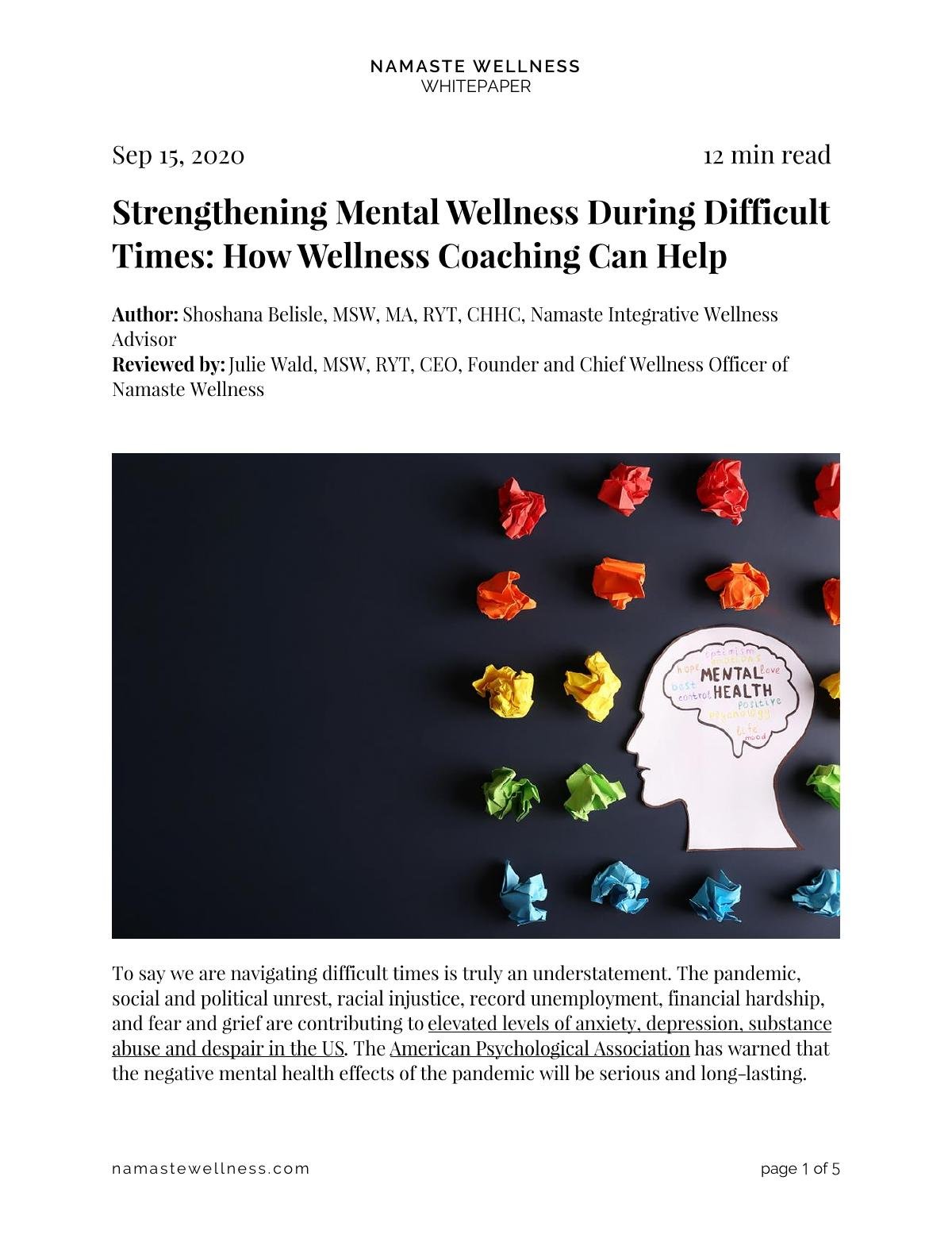 Strengthening Mental Wellness During Difficult Times - How Wellness Coaching Can Help