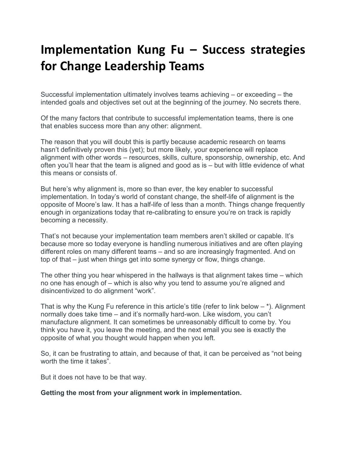 Implementation Kung Fu – Success strategies for Change Leadership Teams