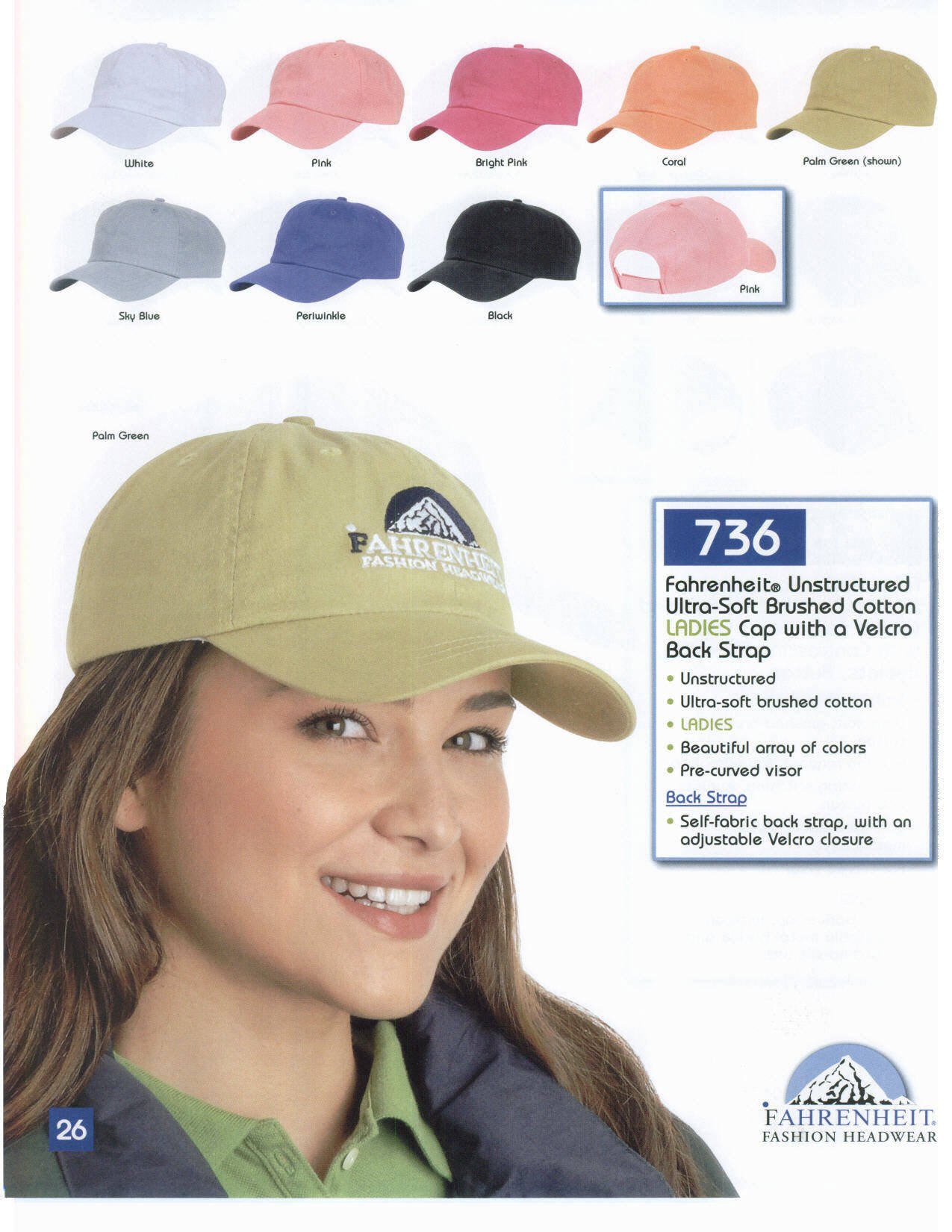 Ladies Cap unstructured Brushed Cotton with Velcro Back strap